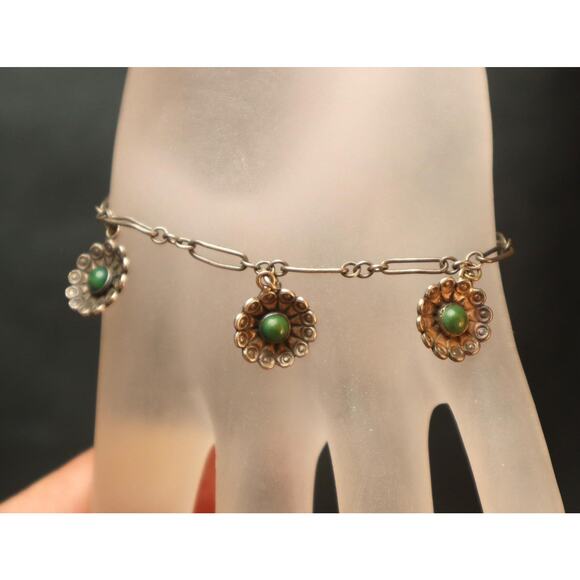 Vintage Sterling Green Stone Flowers Link Bracelet - Picture 1 of 6